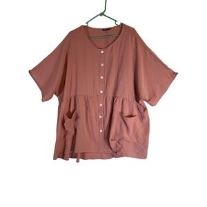 Shein Curve 4XL Dusty Rose Button Up Peplum Blouse Short Sleeve Babydoll Top